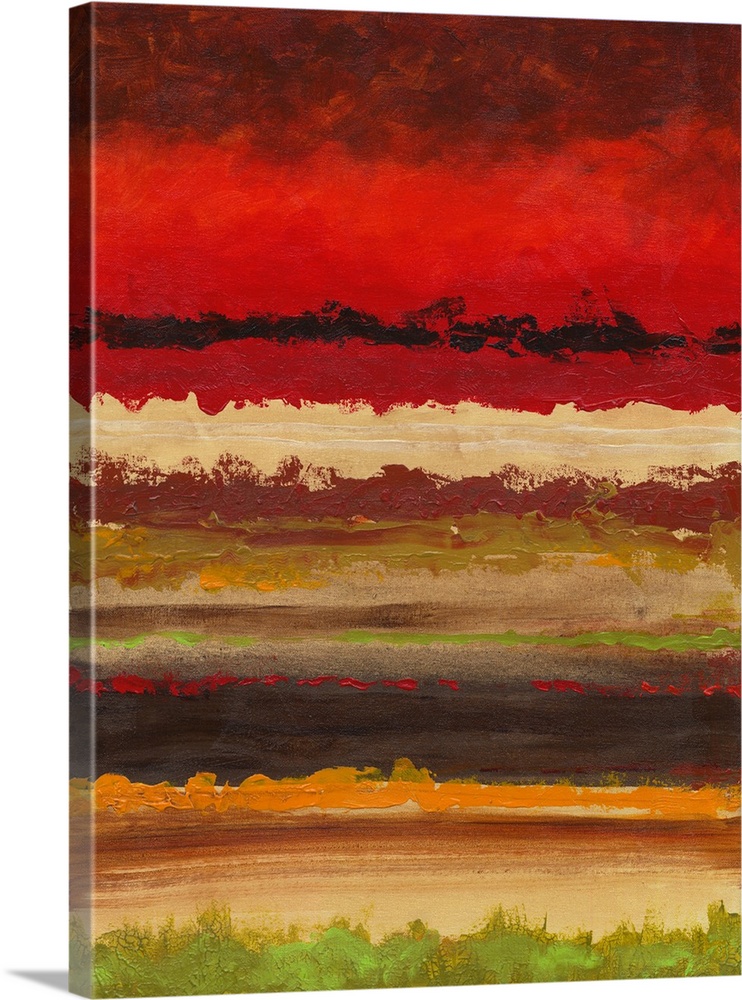 Abstract painting of horizontal layers in shades of red and green.