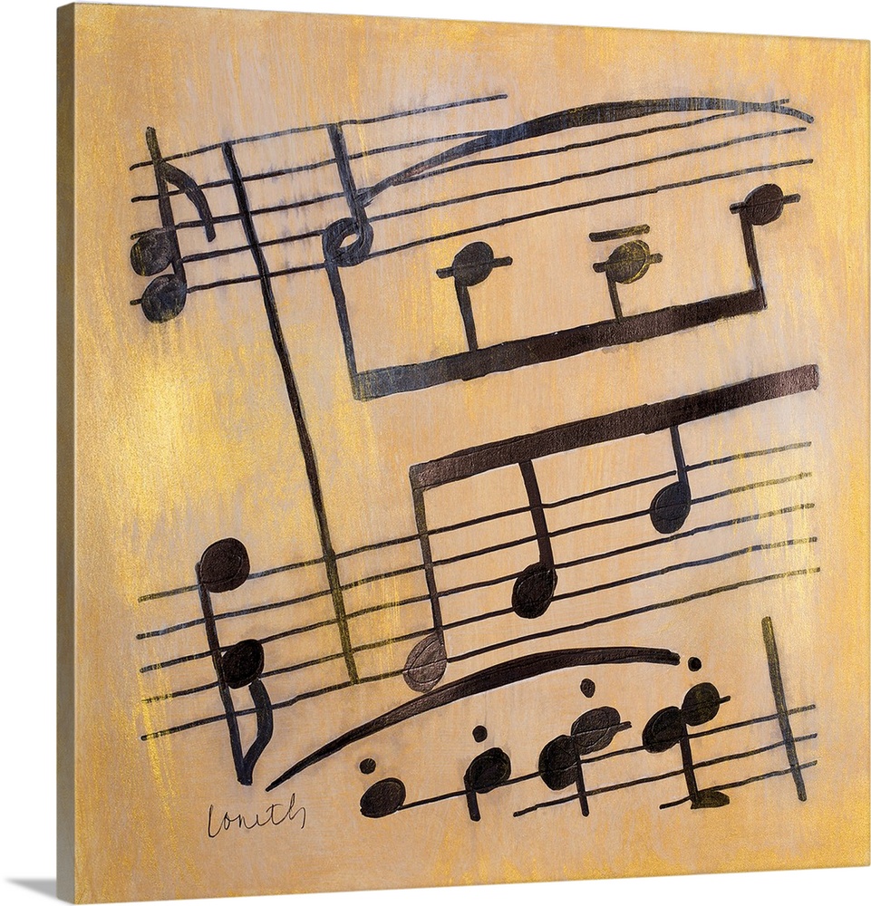 Square painting of black sheet music on a metallic gold background.