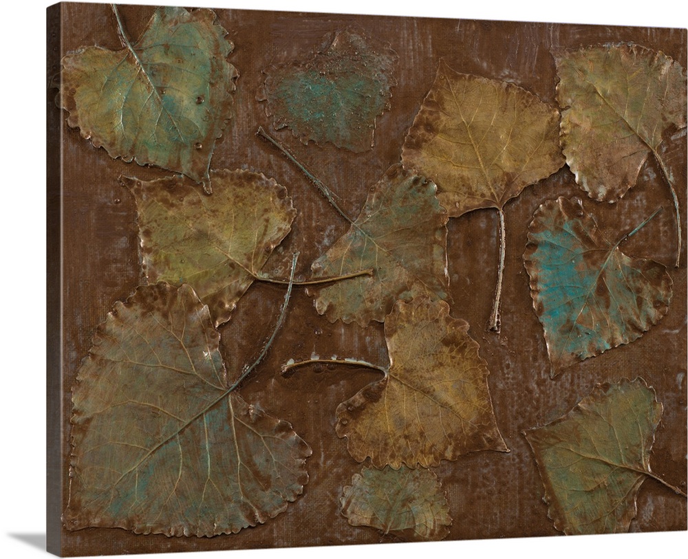 Overlapping leaves in teal, brown and green decorate a background of brown wash.