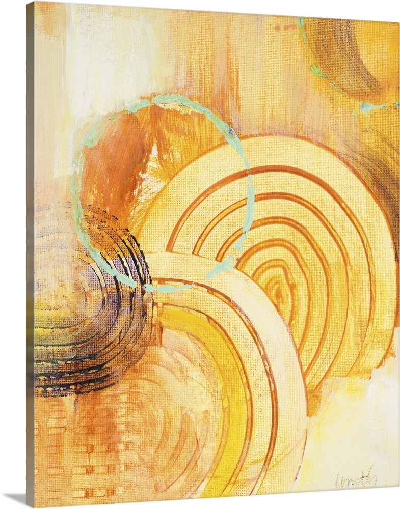 Contemporary abstract painting in gold using circles and organic shapes.