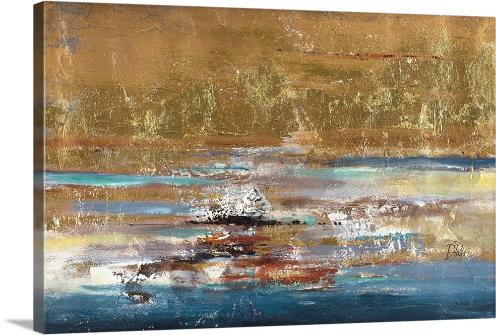 Abstract textured artwork with gold and blue.