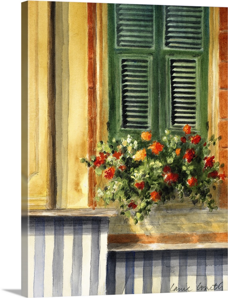 This home docor is a contemporary painting of a shuttered window with a small flower box at its base.
