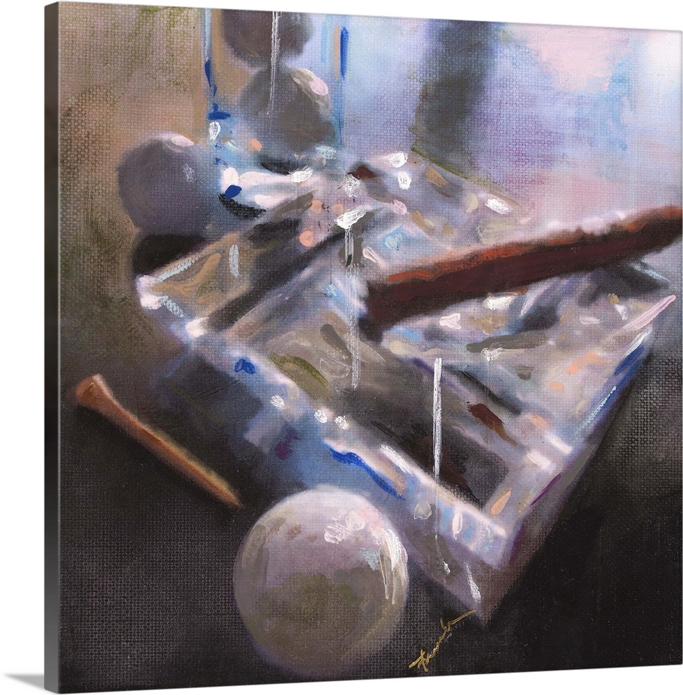 Contemporary painting of a large glass ashtray with a cigar resting in it and a golf ball and tee beside the ashtray.