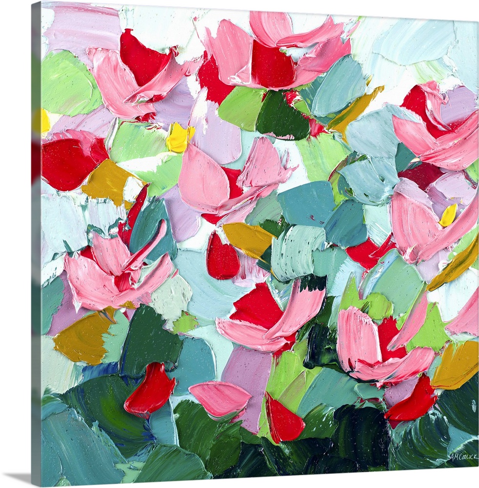 Brightly colored abstract artwork with pink flowers on green.
