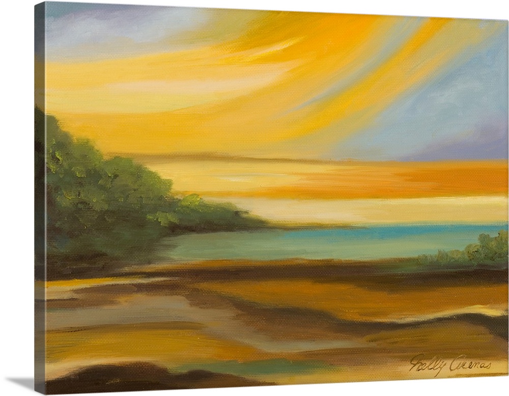 Contemporary landscape artwork of a field at sunset.