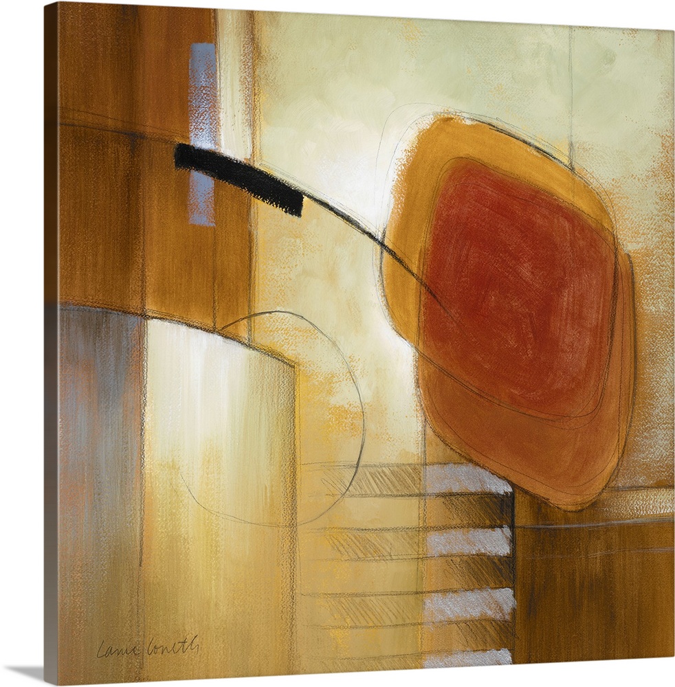 Abstract painting of warm colors and abstract shapes.