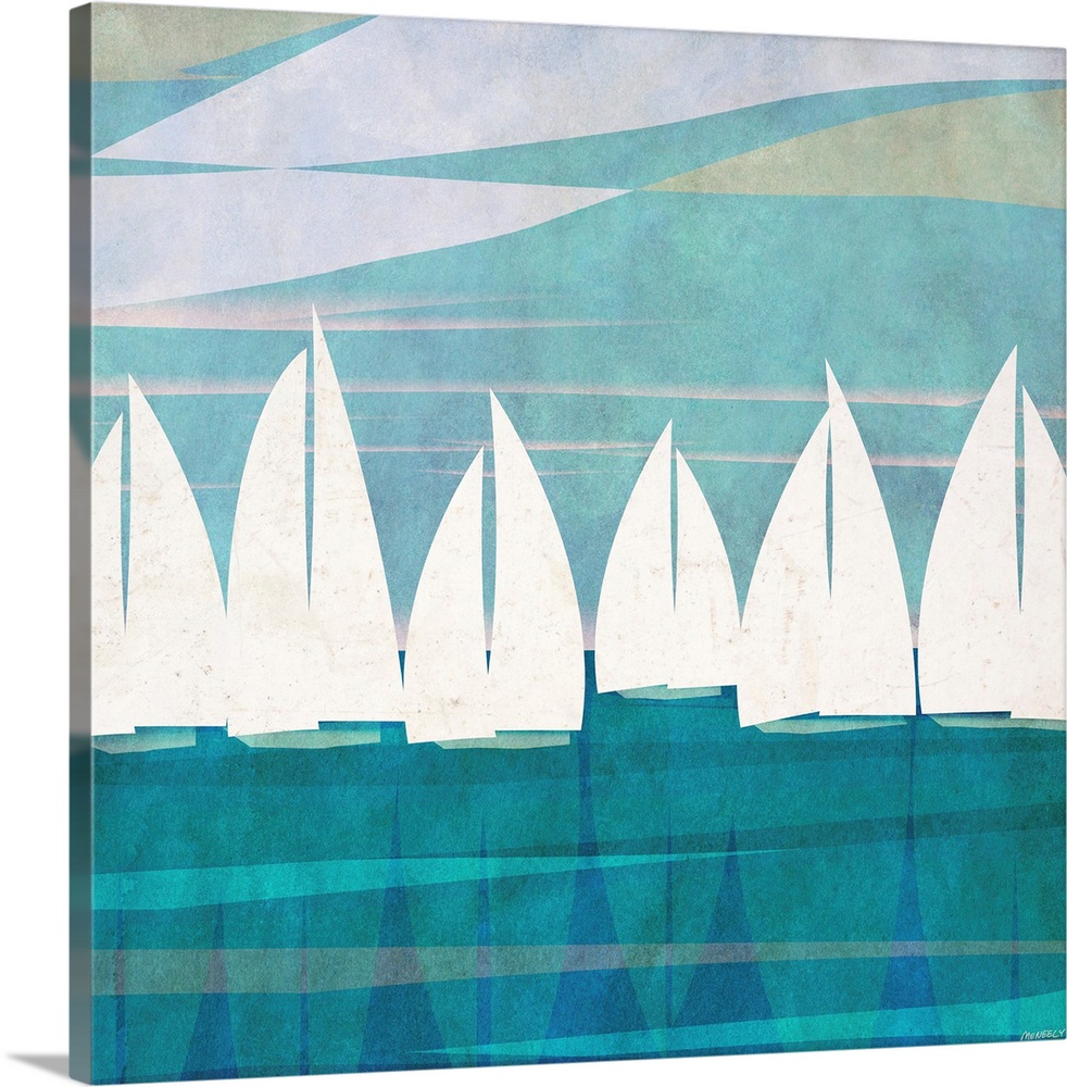 Digital art piece of silhouetted sail boats with the sails up as they glide across the water.