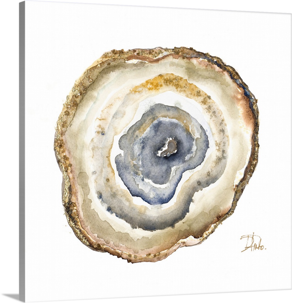 This contemporary artwork offers the intricacies of sliced agate completed in watercolors with gold accents.