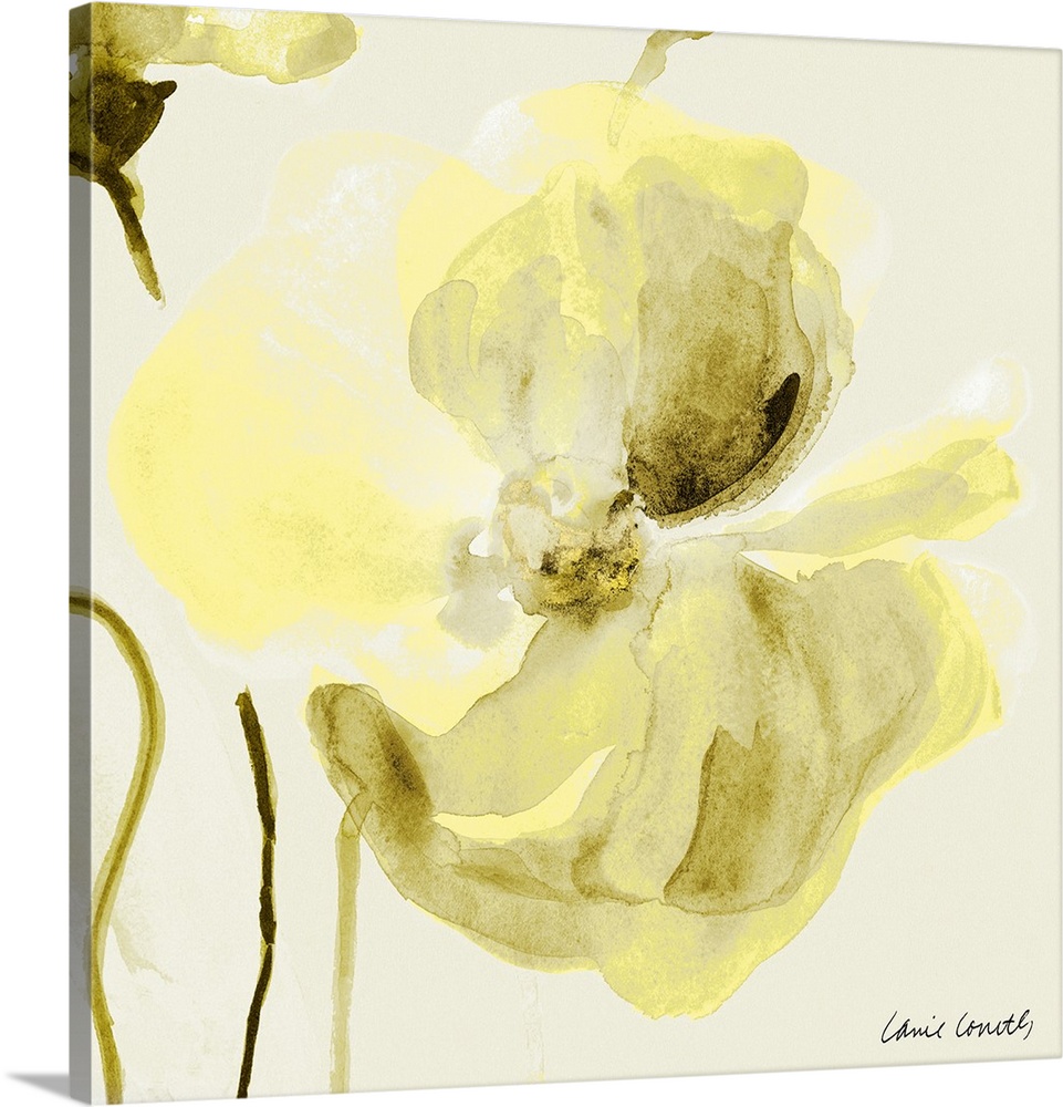 Square abstract painting of a bright yellow poppy.