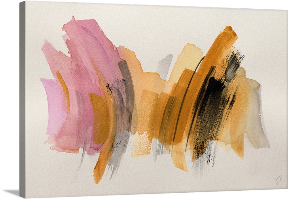 Orange and pink brush strokes decorate a horizontal abstract artwork.