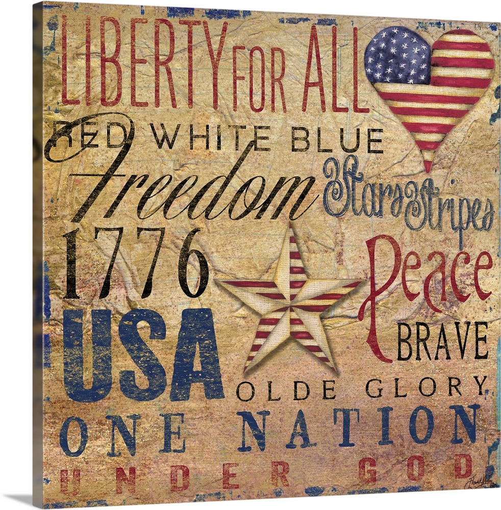 Patriotic typography artwork with United States-themed words and phrases.