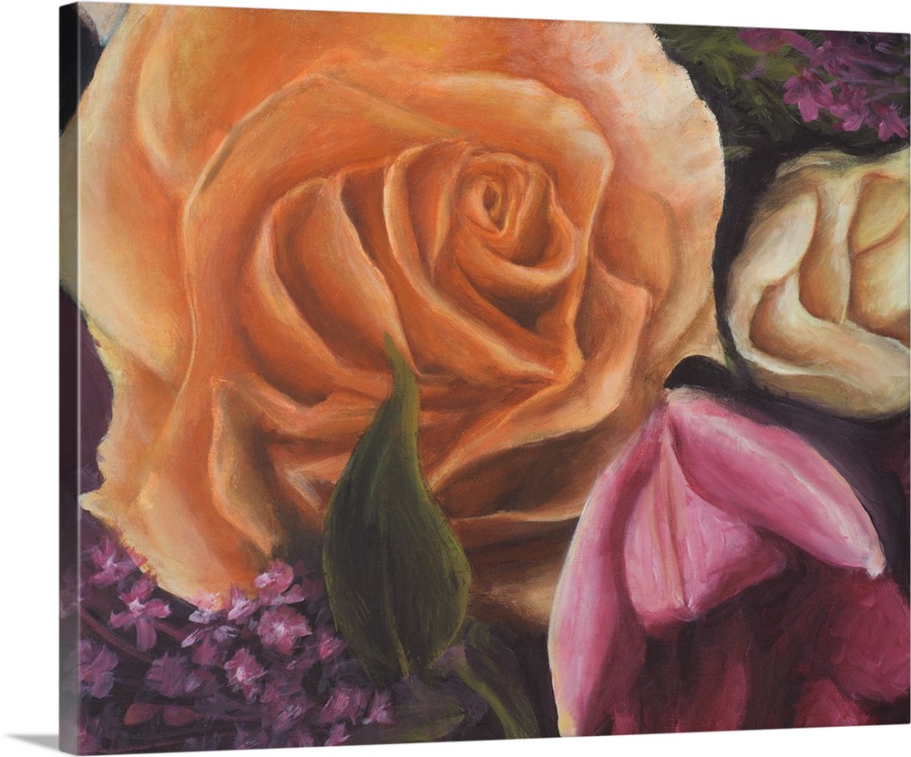 A close-up contemporary floral still life painting of an orange, pink, and yellow rose.