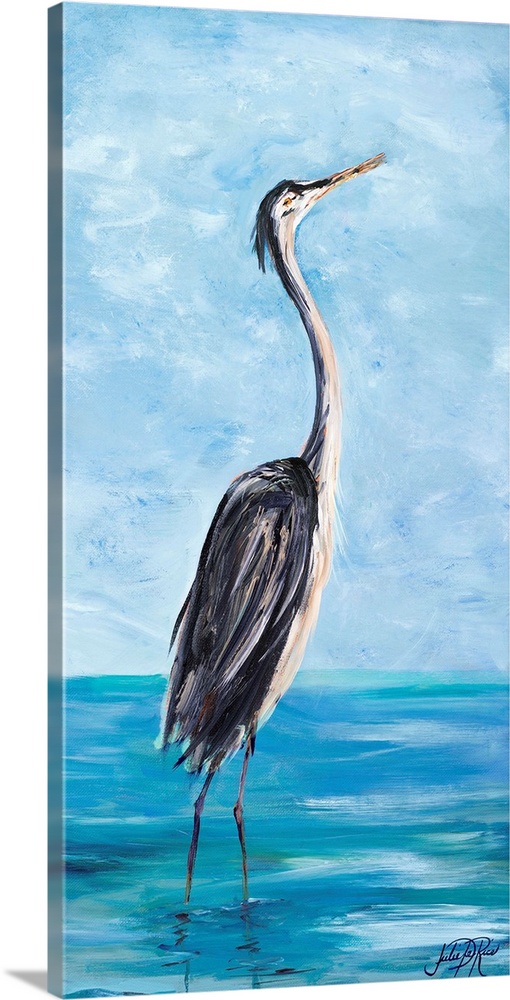 Contemporary painting of a heron wading through sea water.