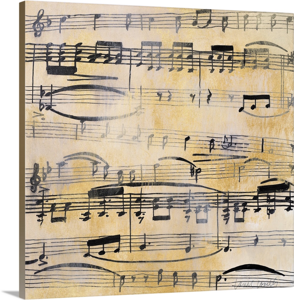 Square painting of black sheet music on a metallic gold background with a silver overlay giving it a faded look.