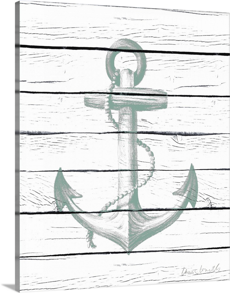 A painting of an anchor with sea-foam green hues on a white wood paneled background.