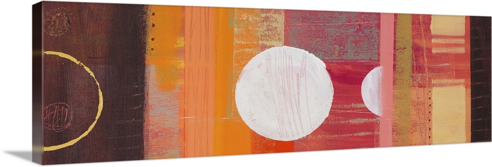 Abstract painting in warm orange and brown shades, with circular shapes and blocks of color.