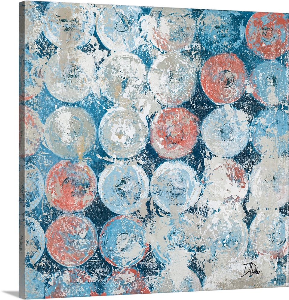 A square abstract painting with an antique feel and blue, gray, and salmon colored circles.