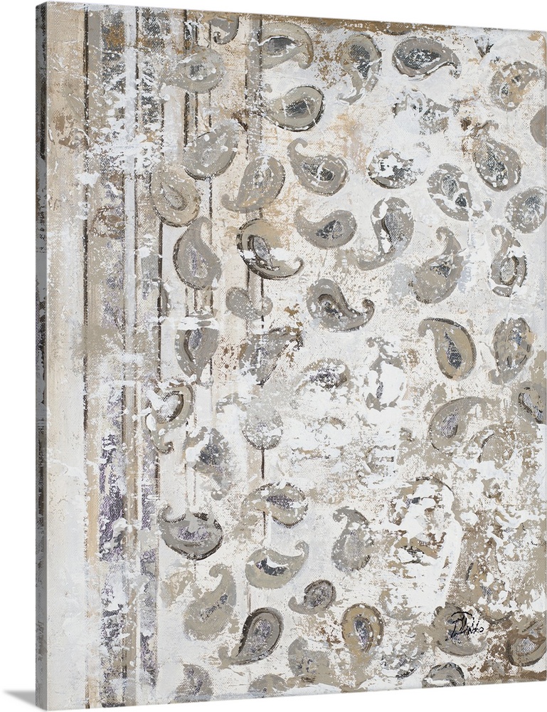 A vertical abstract painting with an antique paisley pattern in gray, tan, and white hues.