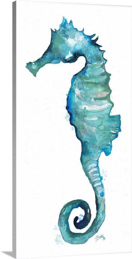 A watercolor painting of an aqua colored seahorse.