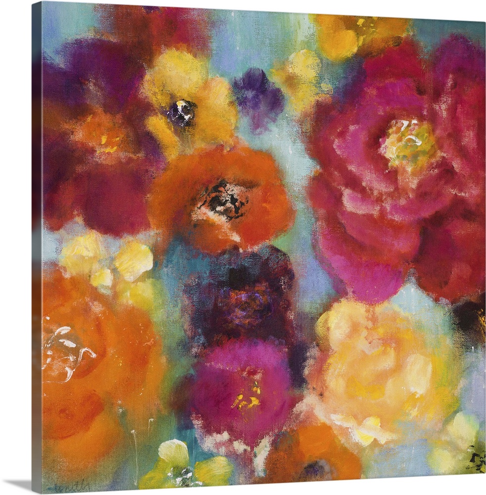 Contemporary painting colorful flowers that have a slightly fuzzy look to them.