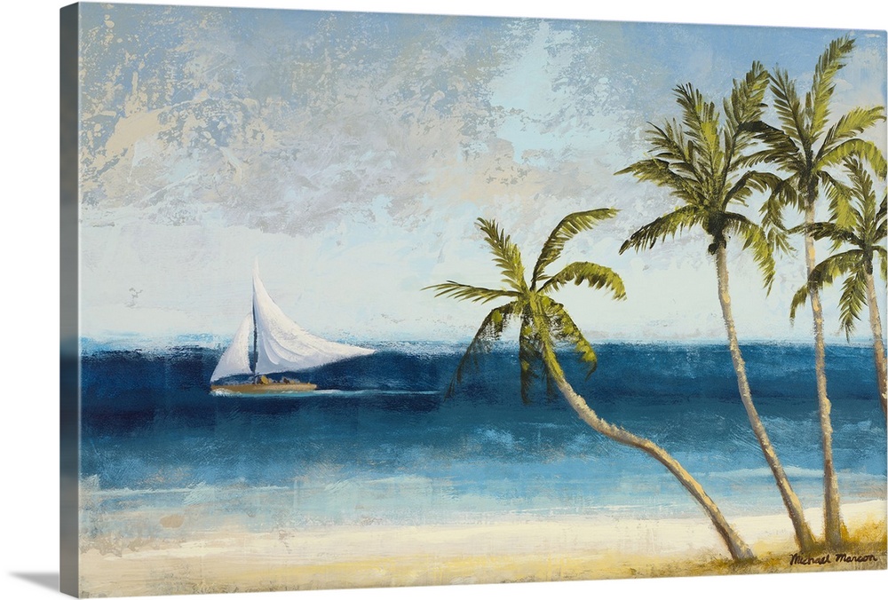 Painting on canvas of palm trees on a beach with a sailboat sailing in the ocean.