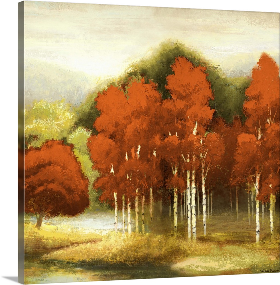 A contemporary landscape painting of red birch trees with a sponge-like texture.