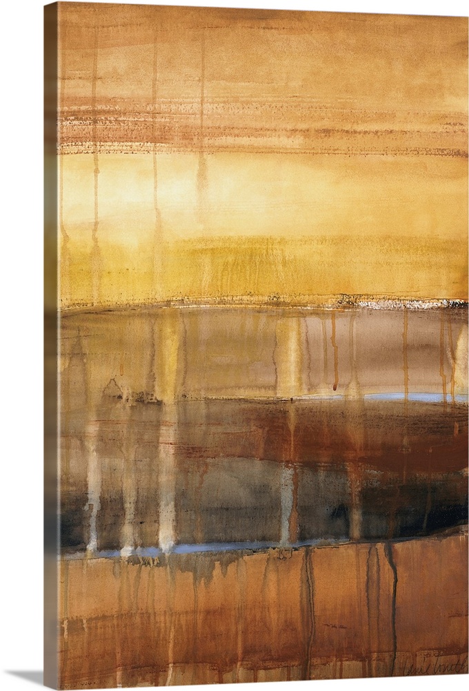 Abstract painting in natural colors, featuring paint running down the canvas through horizontal bands.