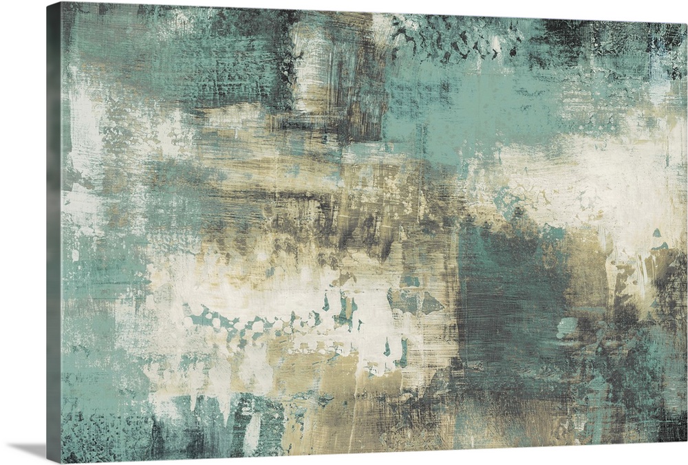 A contemporary abstract painting with teal, white, black, and tan hues.