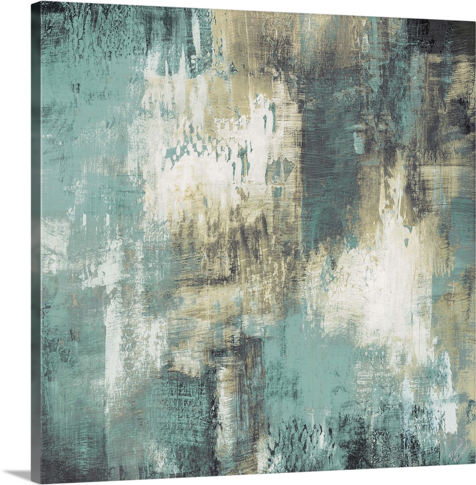 A contemporary abstract painting with teal, brown, and white hues layered on top of each other.