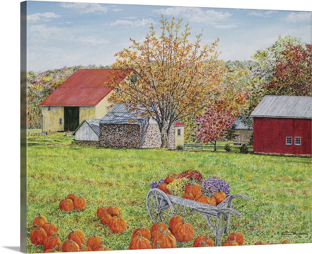 A contemporary landscape painting of a farm in autumn with pumpkins and a red barn.