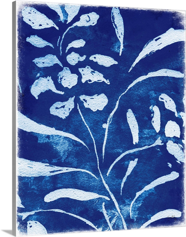 White silhouette painting of flowers and leaves on an indigo background.