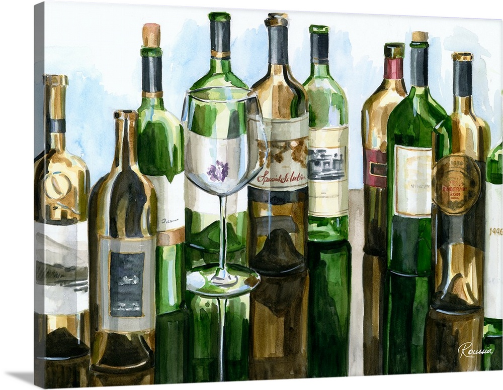 Contemporary painting of a collection of green and brown wine bottles.