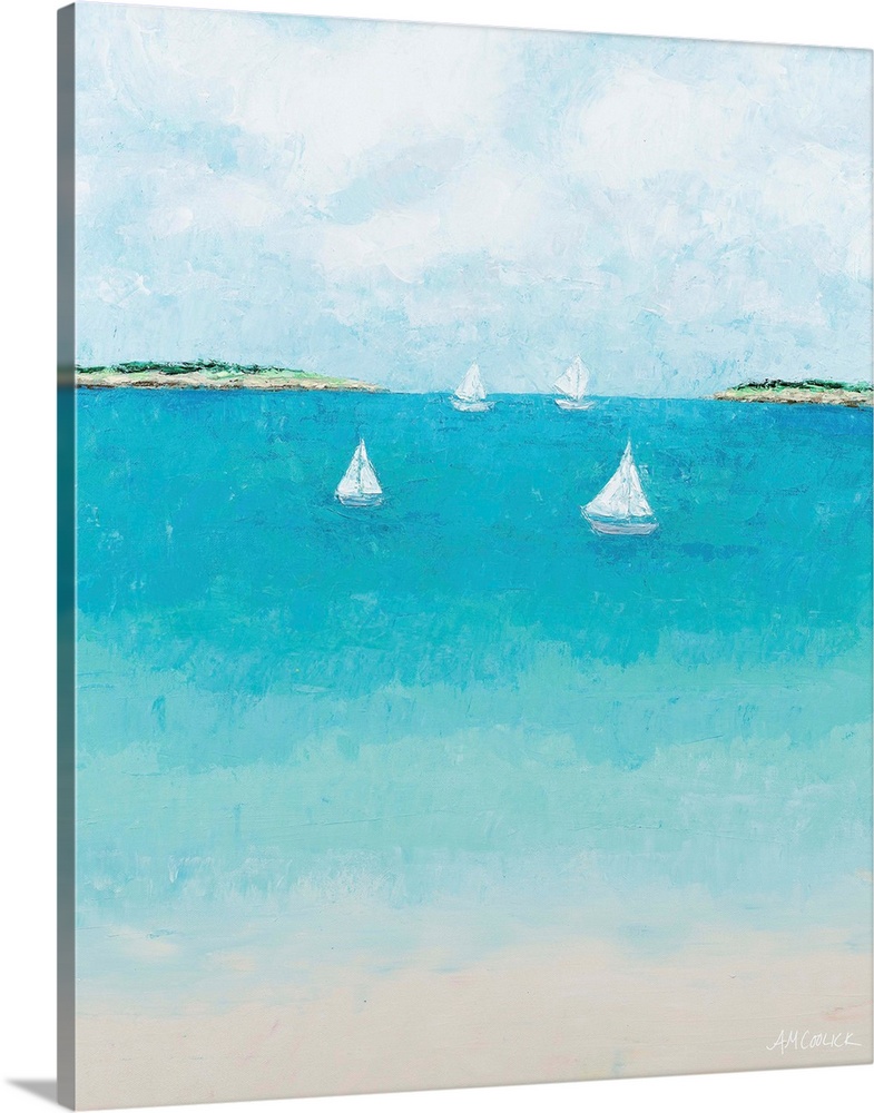 Four tiny white sailboats on cool blue water.