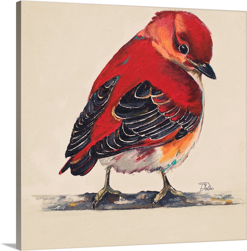 Painting of a bright red little bird perched on a twig.