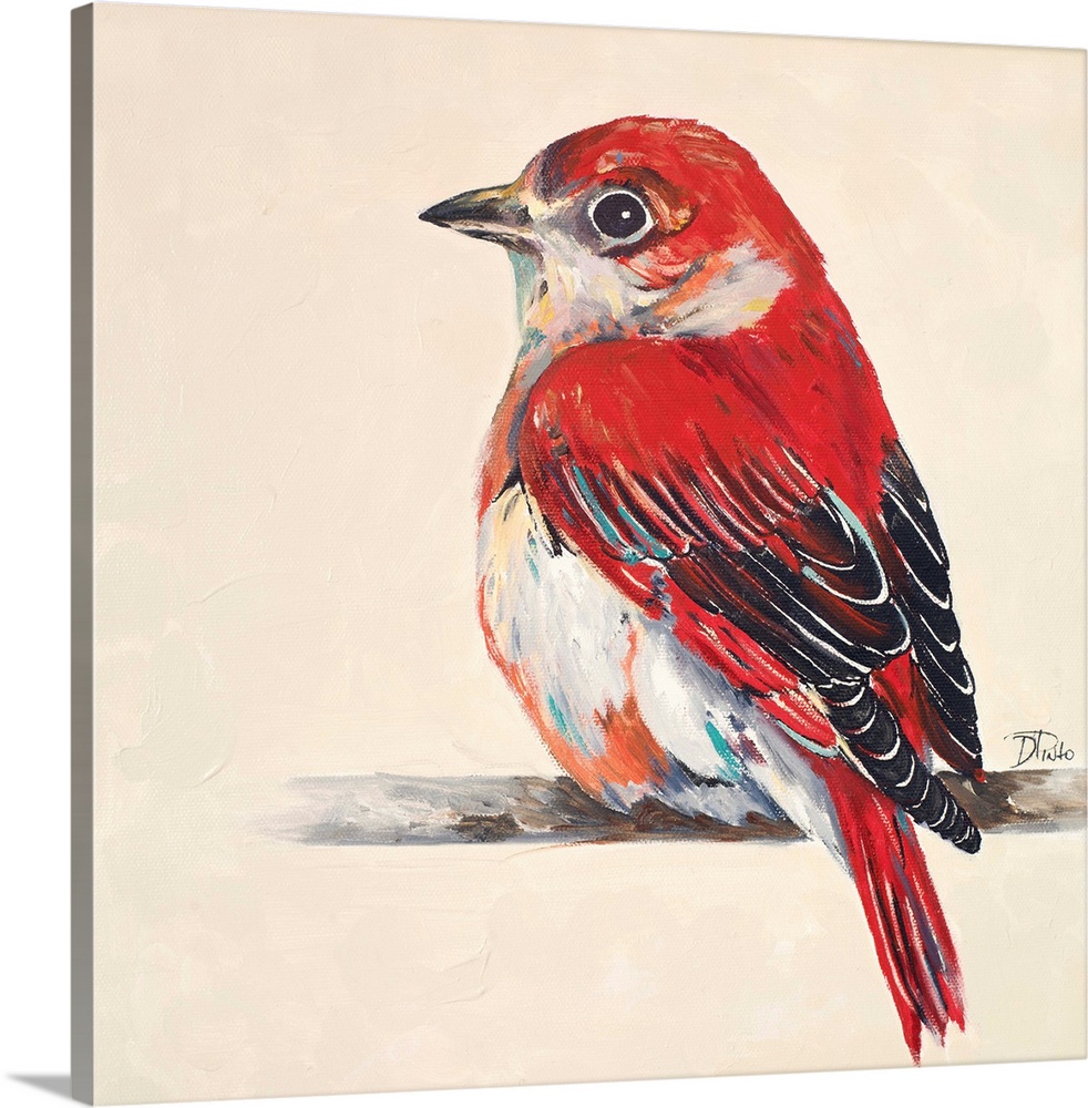 Painting of a bright red little bird perched on a twig.