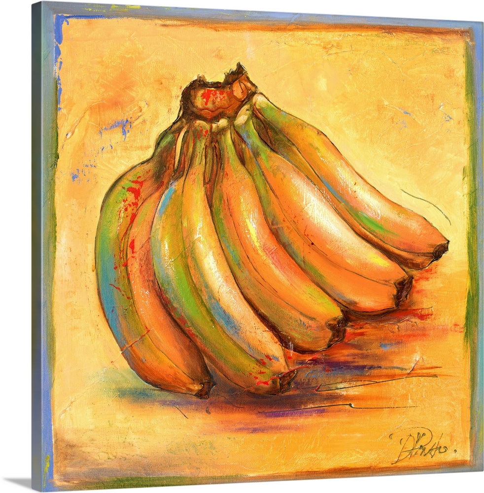A warm contemporary still life painting of bananas with colorful highlights and some paint splatter.