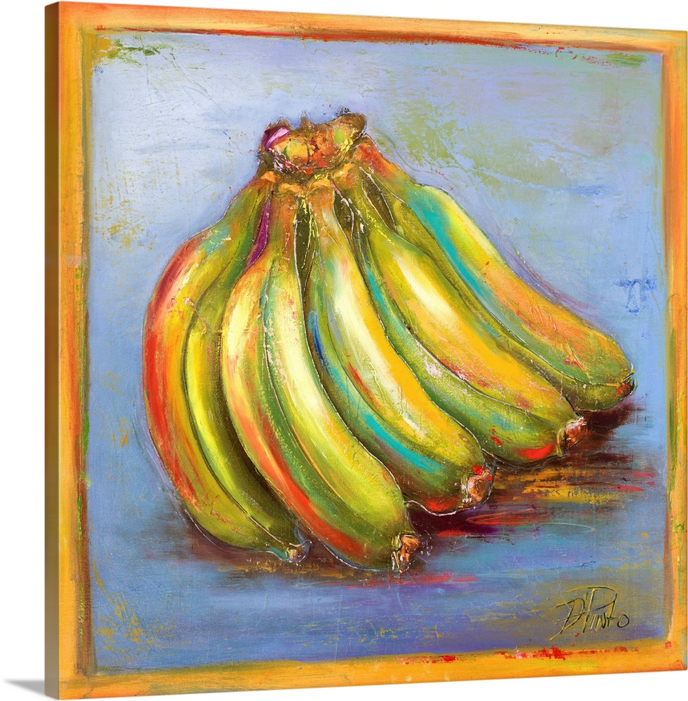 A cool contemporary still life painting of bananas with colorful highlights and some paint splatter.