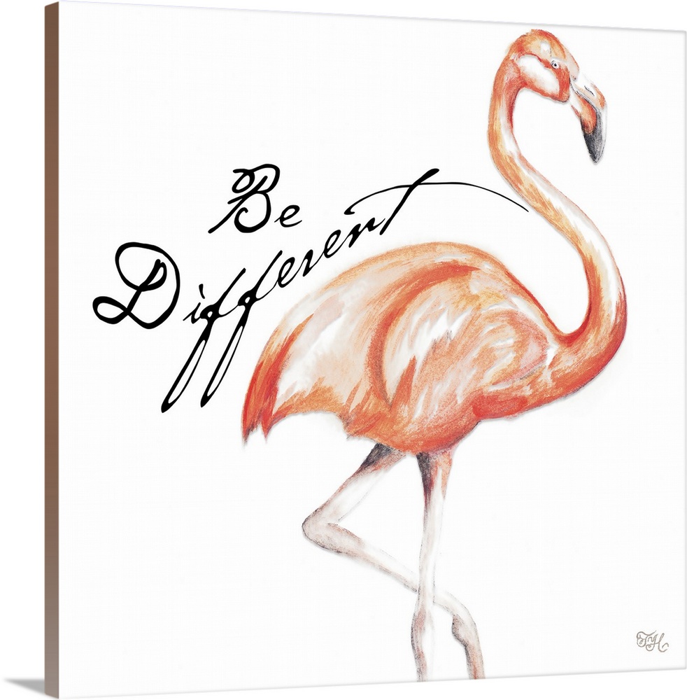 Square illustration of a pink flamingo with the phrase "Be Different" written on the side in black.