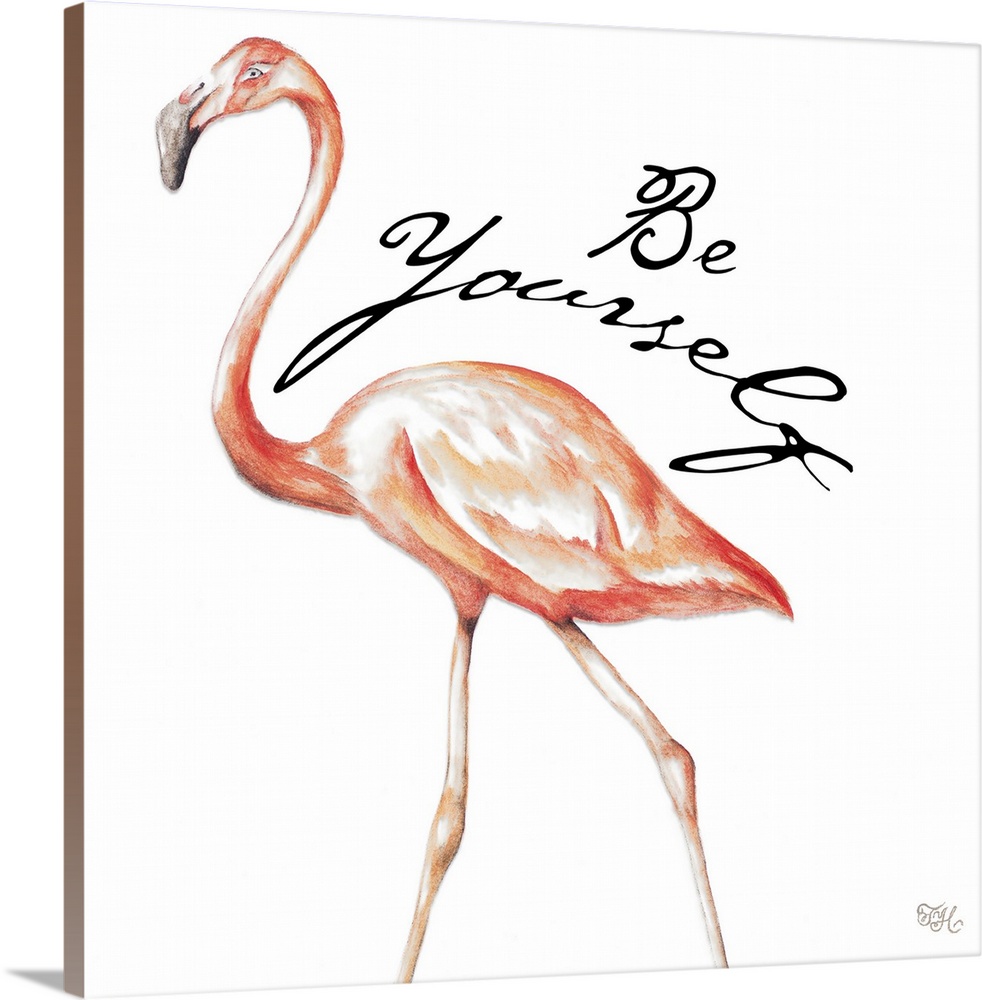 Square illustration of a pink flamingo with the phrase "Be Yourself" written on the side in black.