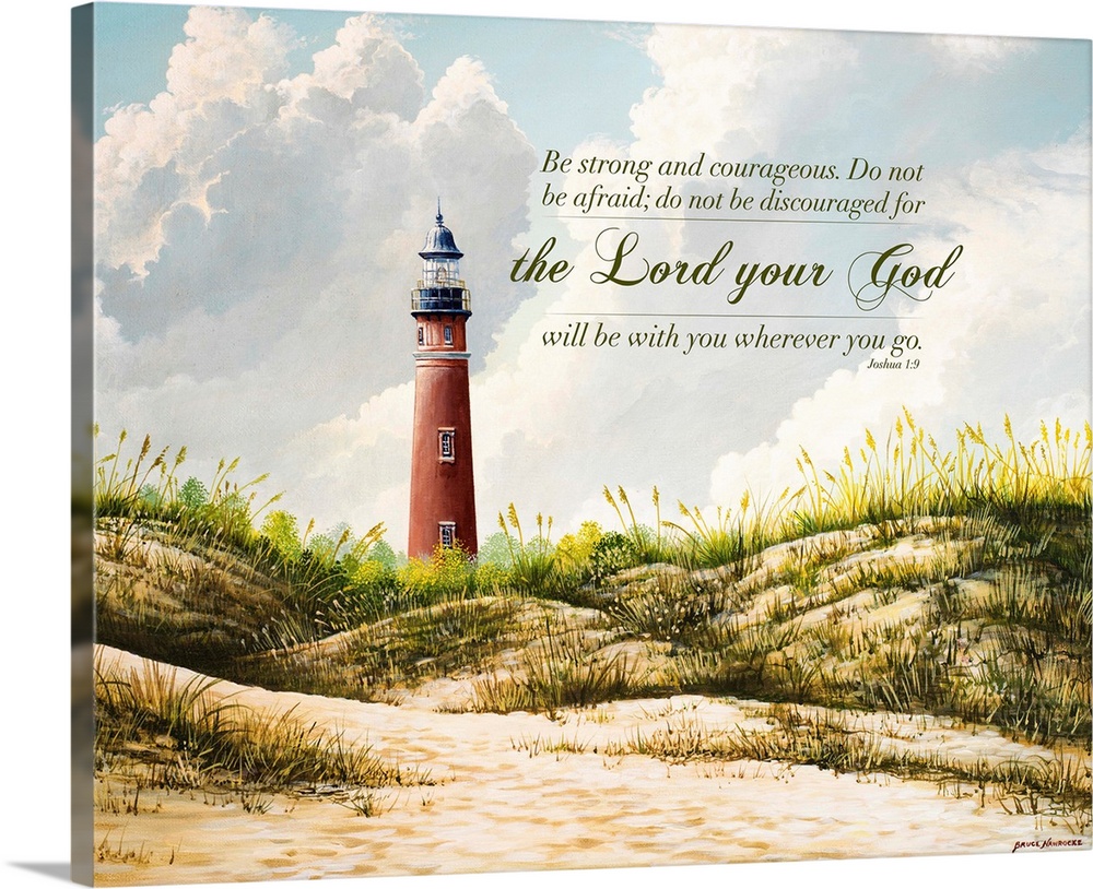 Contemporary painting of a red light house on the edge of grassy dunes, with clouds in the sky, and a Bible verse.