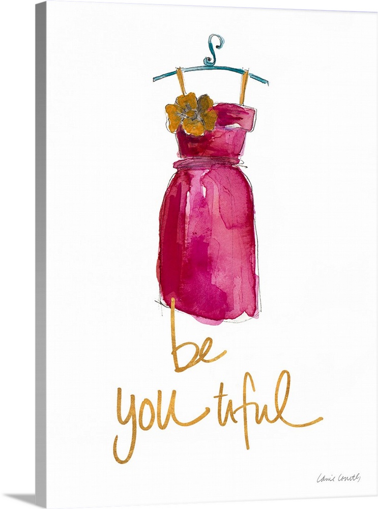 Watercolor painting of a pink dress with a big yellow flower on the breast and the phrase "Be You Tiful" written at the bo...