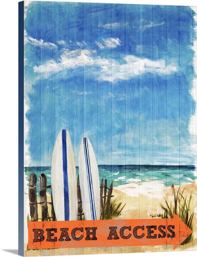 Contemporary painting of two surf boards leaning up against a wooden fence on the beach with an orange arrow below that re...