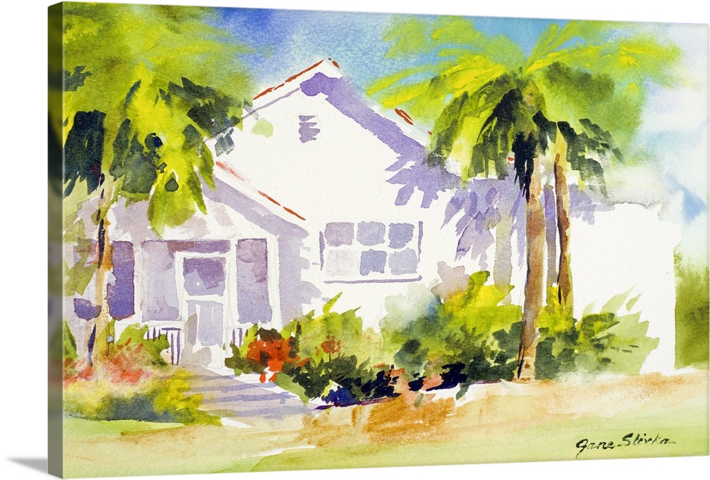 Painting of a white beach house with verdant palm trees.