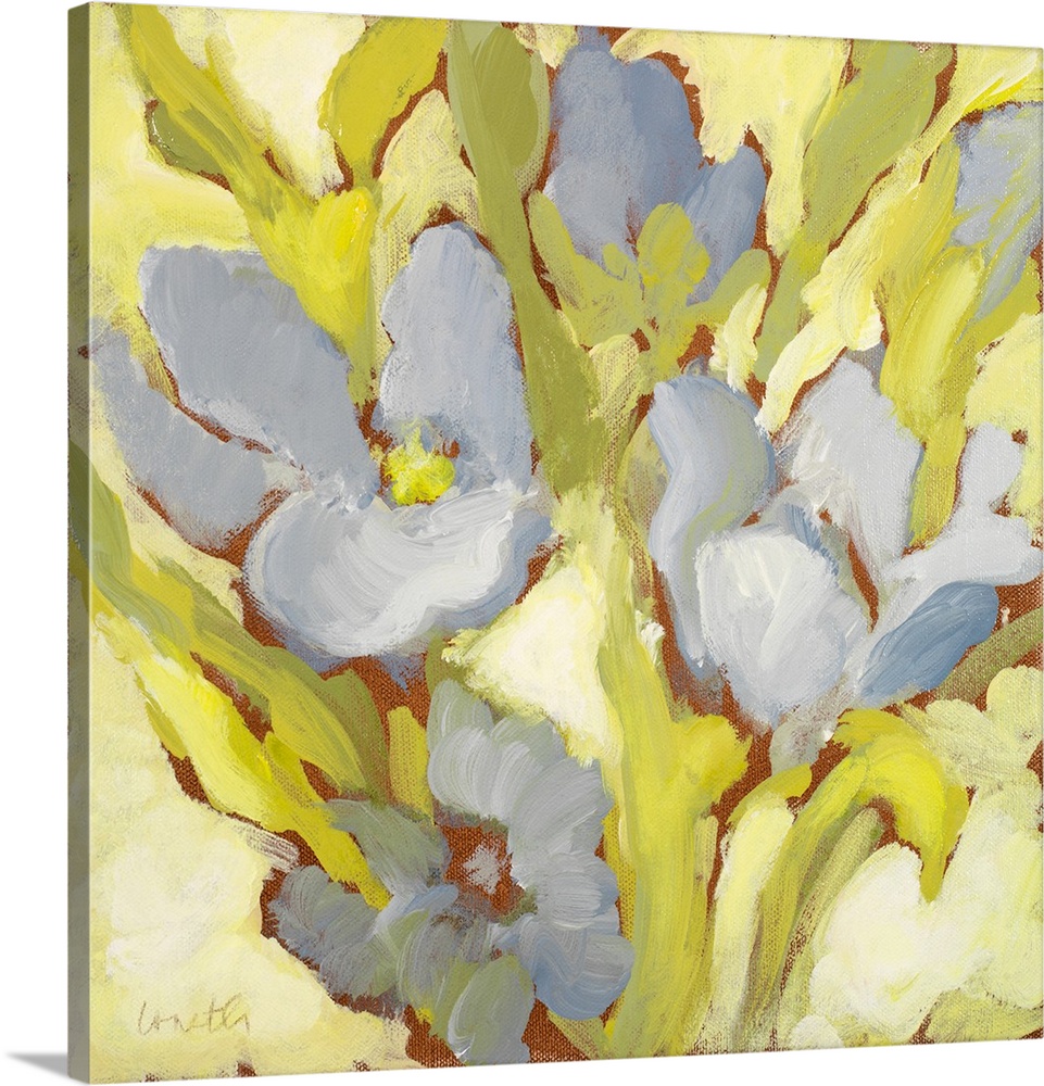 Contemporary painting of a group of pale blue flowers.