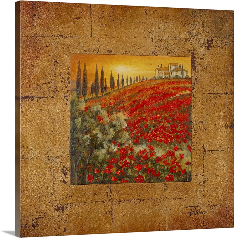 Traditional painting of Italian countryside with flower meadow and tree rows.  There is a house on top of a hill under a s...