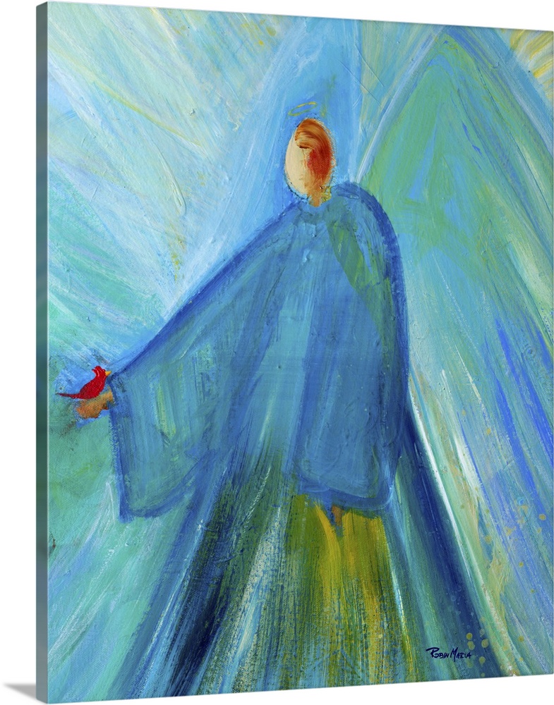 An abstract painting of an Angel in blue holding a red cardinal.