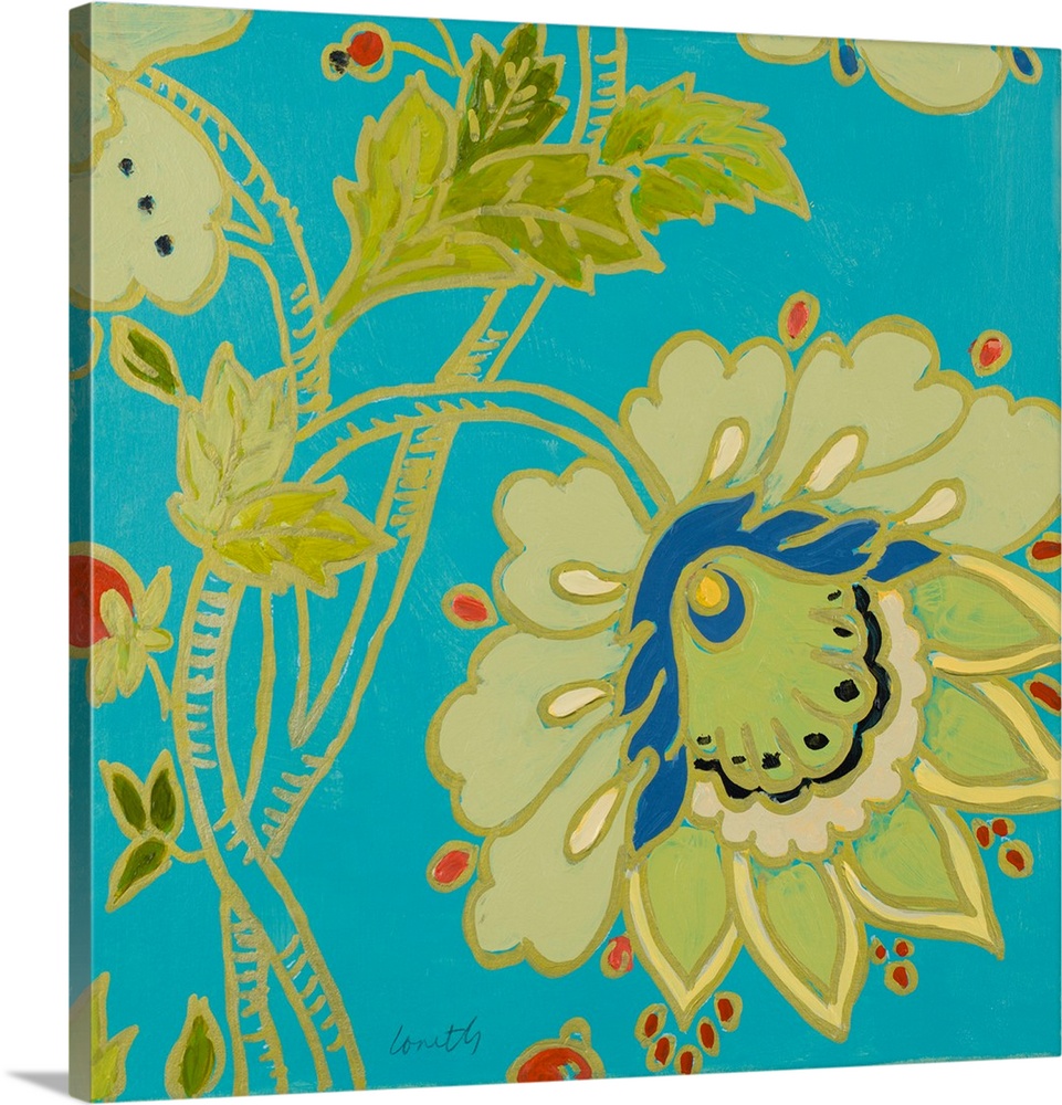 A contemporary square floral painting with different shades of greens and blues, outlines in gold, and hints of red.
