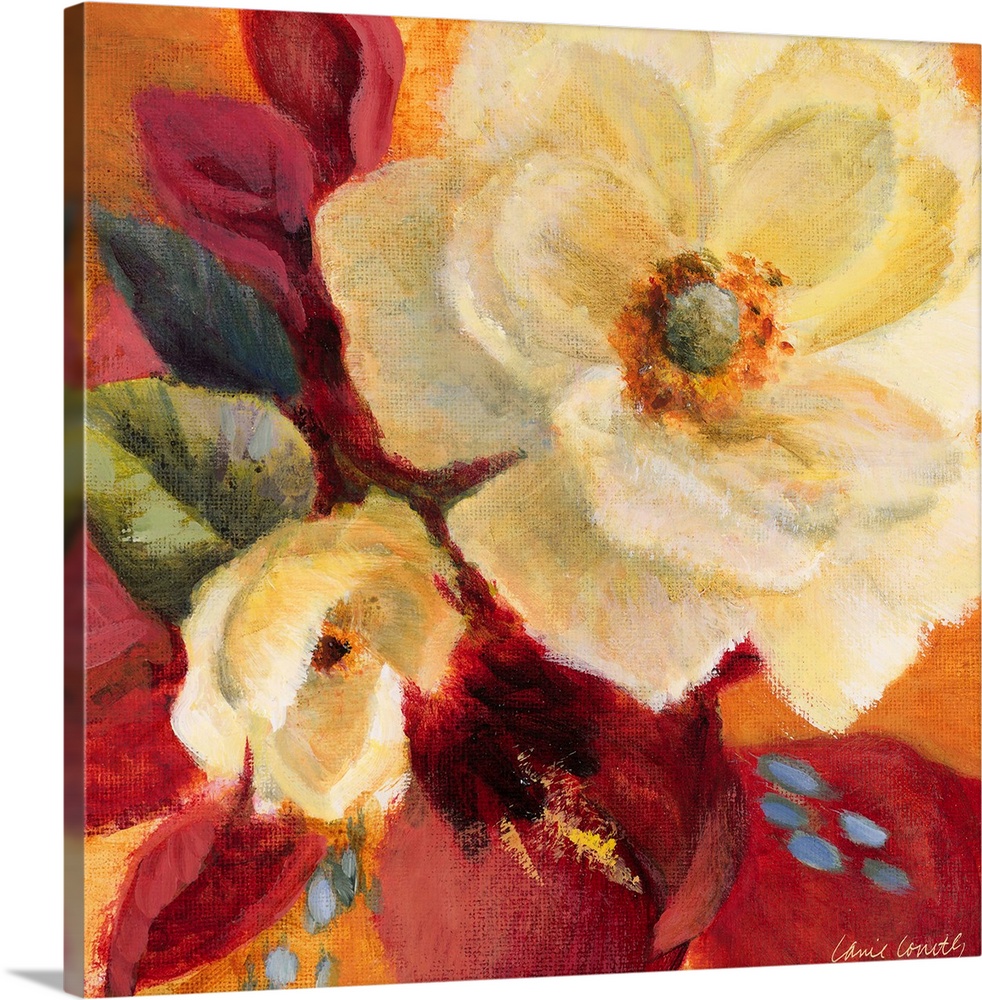 Large closeup artwork of two flowers blooming. Rough texture throughout.
