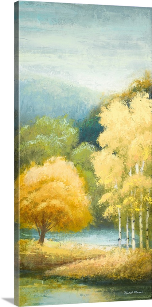 A contemporary landscape painting of yellow birch trees with a sponge-like texture.