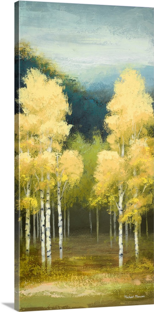 A contemporary landscape painting of yellow birch trees with a sponge-like texture.